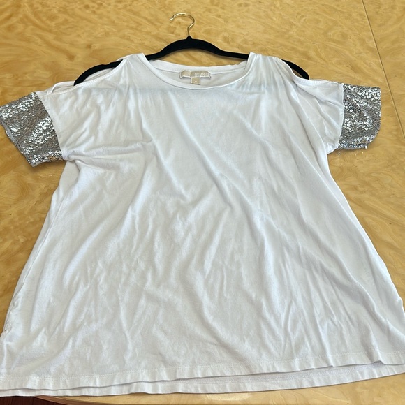 🧡 MICHAEL KHORS WHITE TOP-SEQUIN SHORT SLEEVE- - Picture 11 of 15